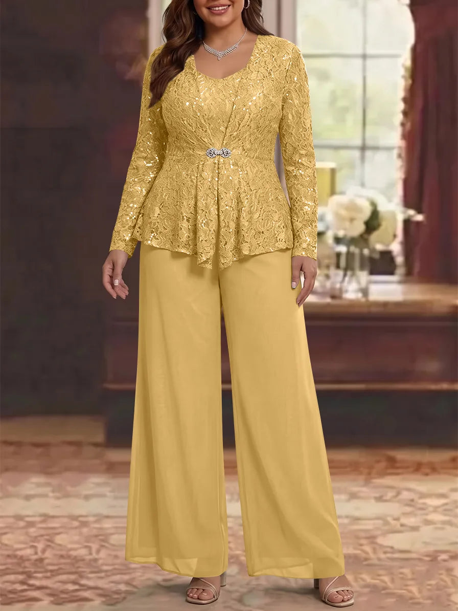 3 Pieces Scoop Lace Plus Size Mother of the Bride Pantsuits with Jacket Long Sleeves Ankle-Length