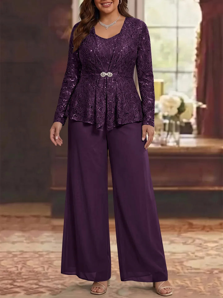 3 Pieces Scoop Lace Plus Size Mother of the Bride Pantsuits with Jacket Long Sleeves Ankle-Length