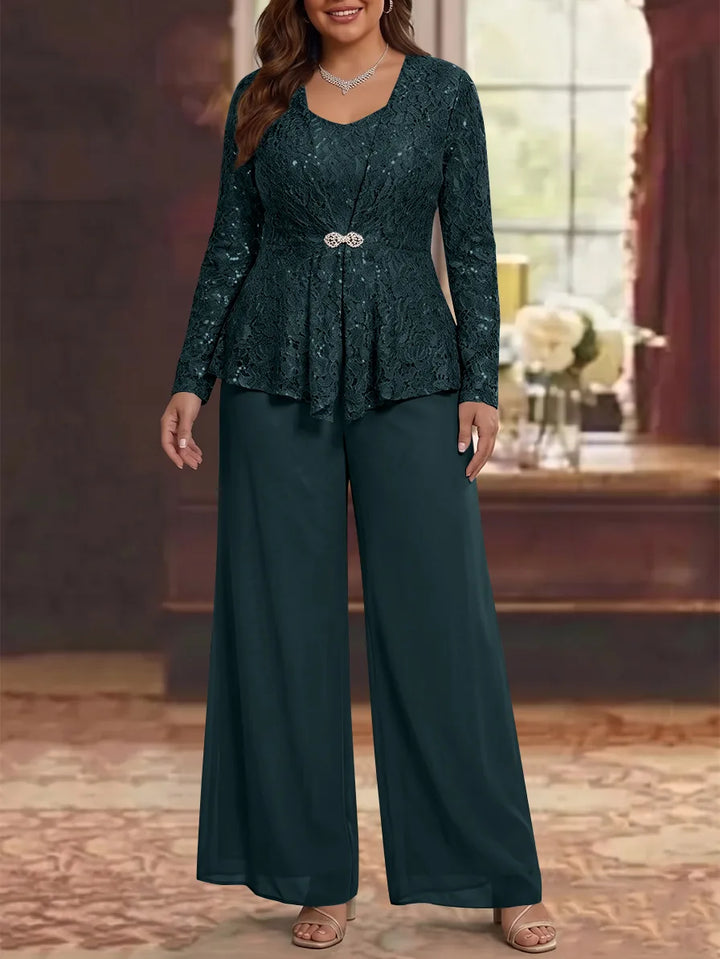 3 Pieces Scoop Lace Plus Size Mother of the Bride Pantsuits with Jacket Long Sleeves Ankle-Length