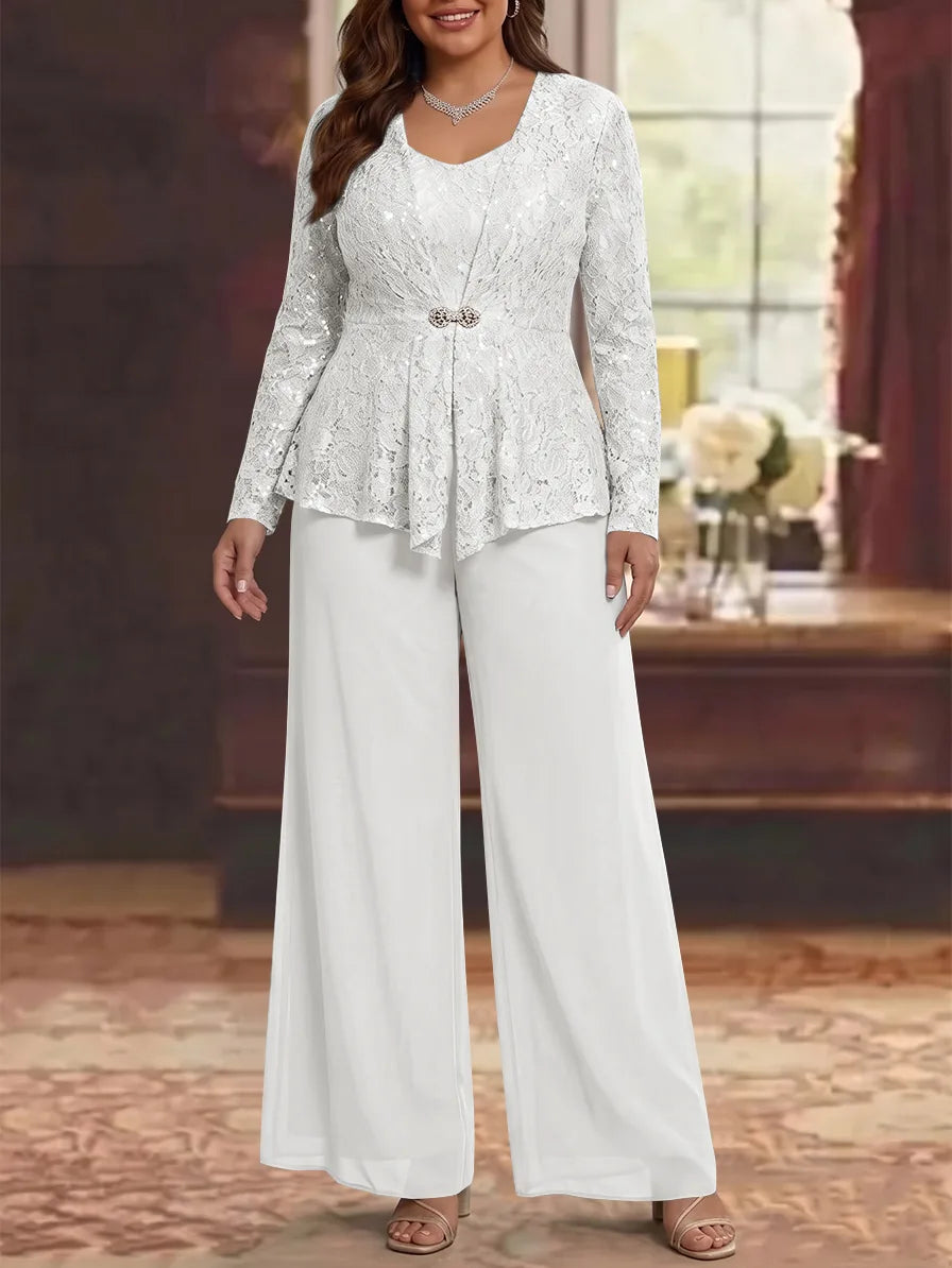 3 Pieces Scoop Lace Plus Size Mother of the Bride Pantsuits with Jacket Long Sleeves Ankle-Length