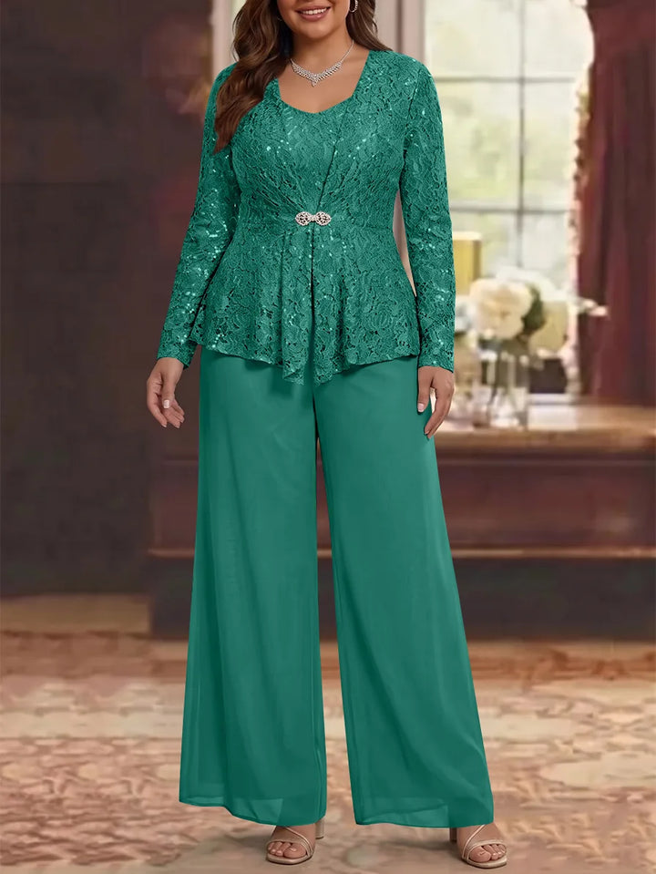 3 Pieces Scoop Lace Plus Size Mother of the Bride Pantsuits with Jacket Long Sleeves Ankle-Length