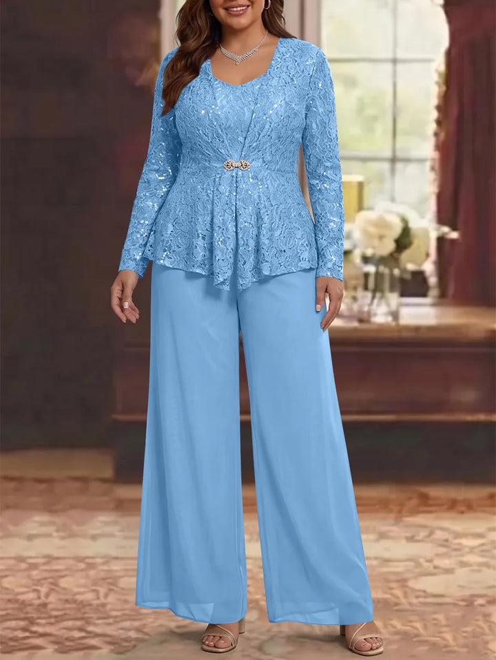 3 Pieces Scoop Lace Plus Size Mother of the Bride Pantsuits with Jacket Long Sleeves Ankle-Length