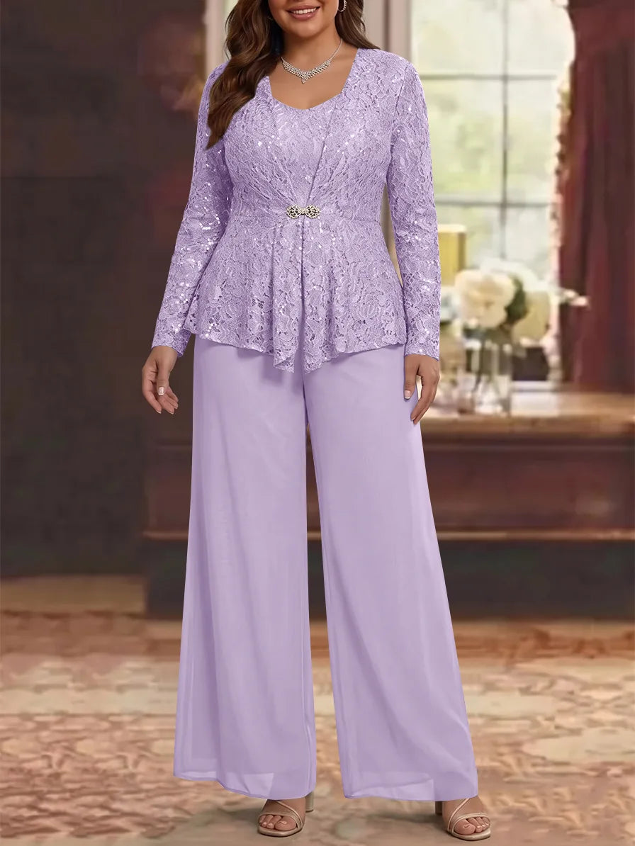 3 Pieces Scoop Lace Plus Size Mother of the Bride Pantsuits with Jacket Long Sleeves Ankle-Length