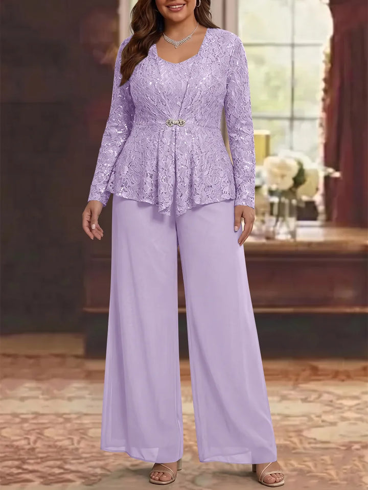 3 Pieces Scoop Lace Plus Size Mother of the Bride Pantsuits with Jacket Long Sleeves Ankle-Length