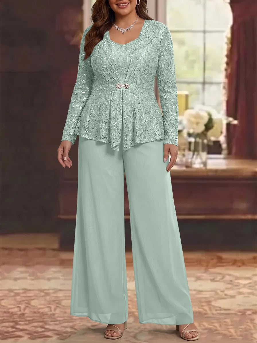 3 Pieces Scoop Lace Plus Size Mother of the Bride Pantsuits with Jacket Long Sleeves Ankle-Length