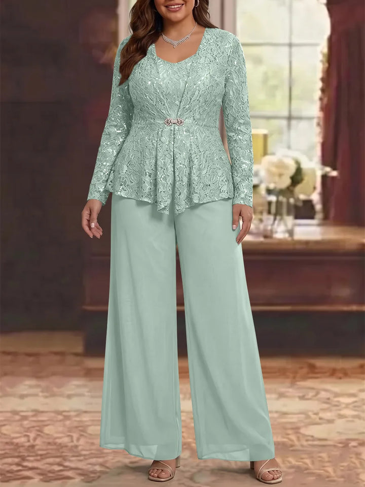 3 Pieces Scoop Lace Plus Size Mother of the Bride Pantsuits with Jacket Long Sleeves Ankle-Length