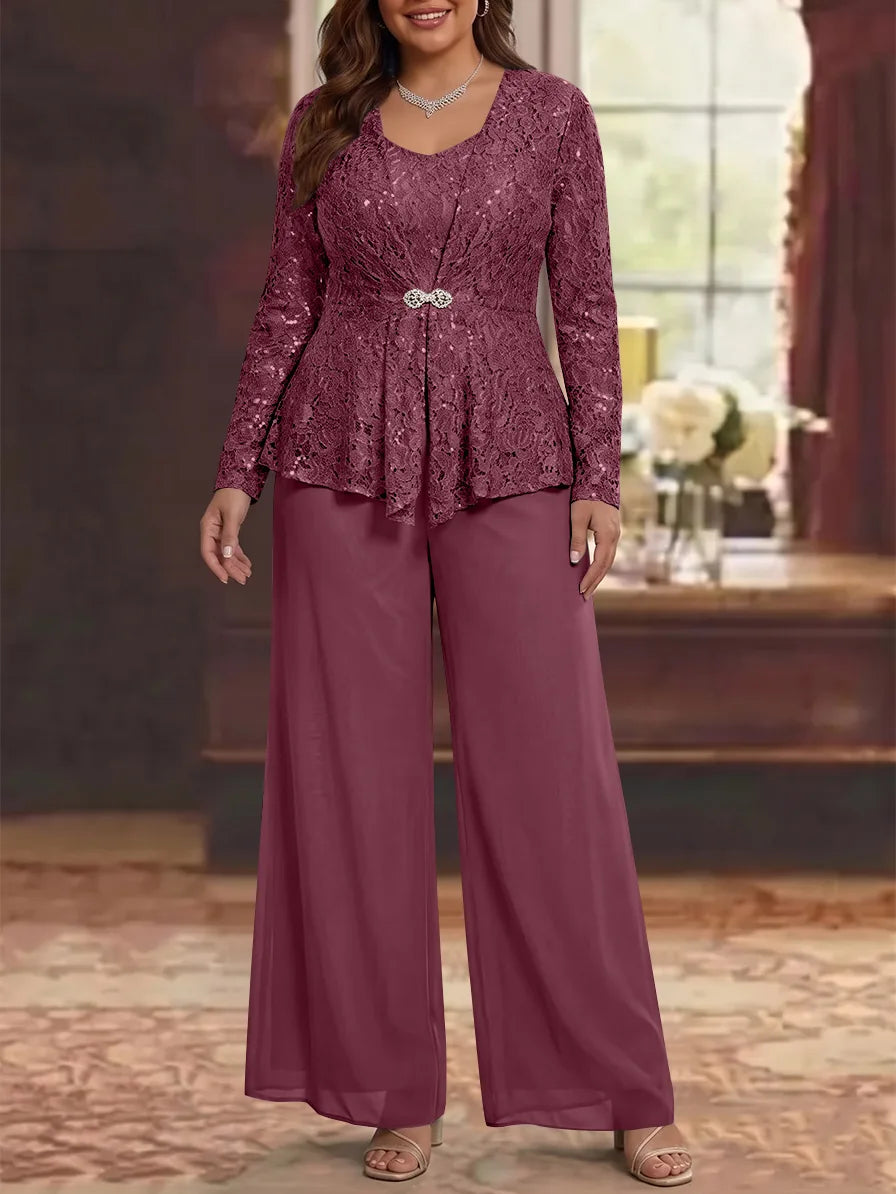 3 Pieces Scoop Lace Plus Size Mother of the Bride Pantsuits with Jacket Long Sleeves Ankle-Length