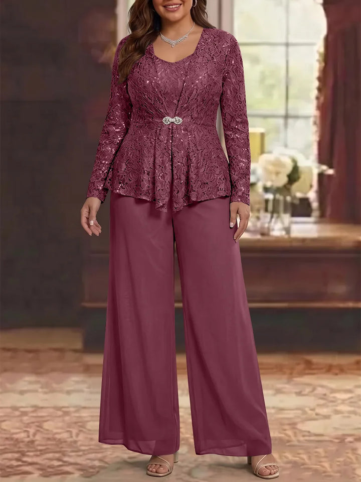 3 Pieces Scoop Lace Plus Size Mother of the Bride Pantsuits with Jacket Long Sleeves Ankle-Length