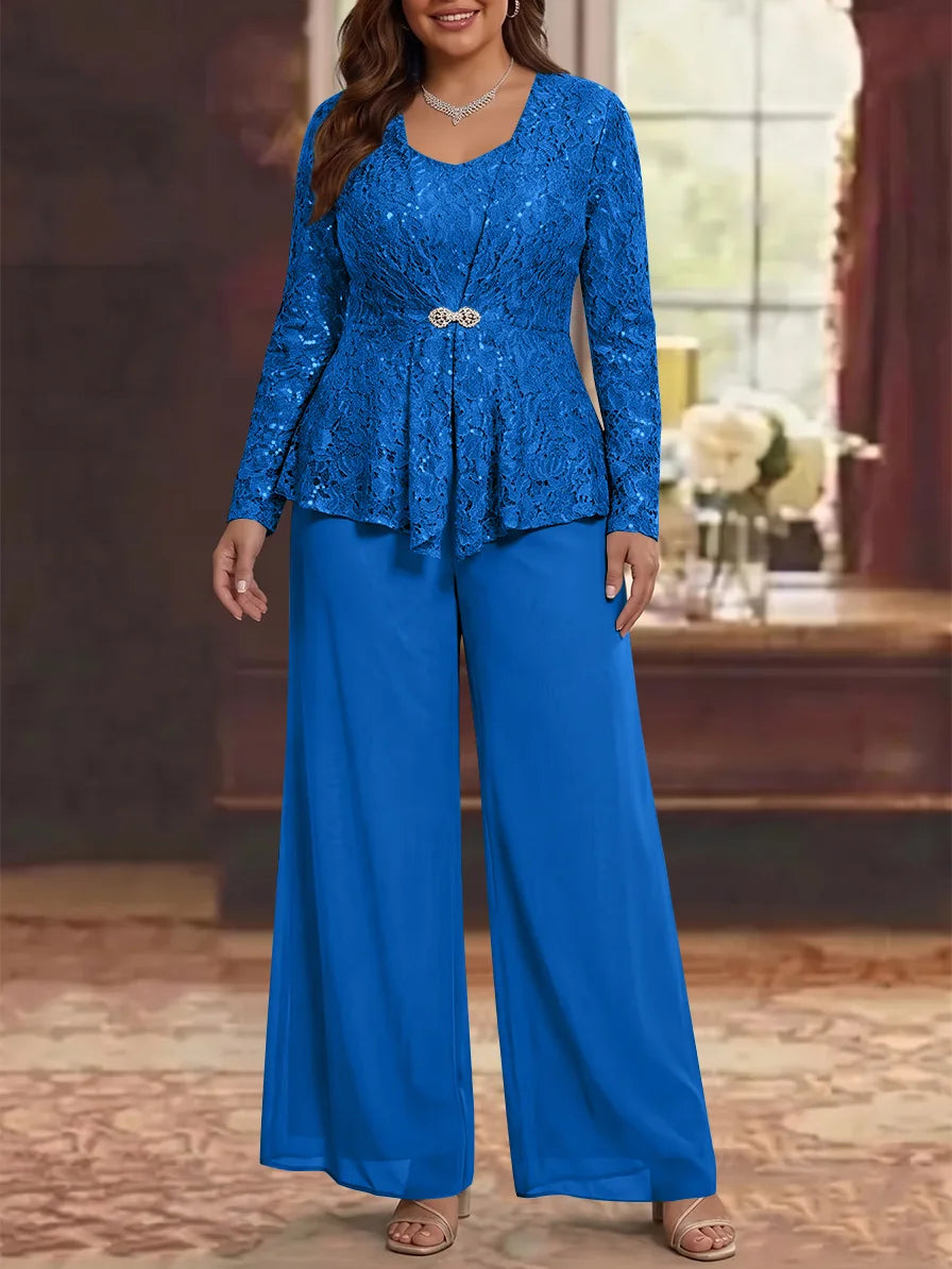 3 Pieces Scoop Lace Plus Size Mother of the Bride Pantsuits with Jacket Long Sleeves Ankle-Length
