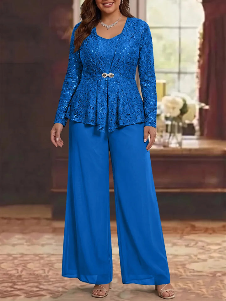 3 Pieces Scoop Lace Plus Size Mother of the Bride Pantsuits with Jacket Long Sleeves Ankle-Length