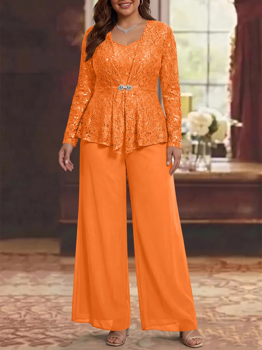 3 Pieces Scoop Lace Plus Size Mother of the Bride Pantsuits with Jacket Long Sleeves Ankle-Length