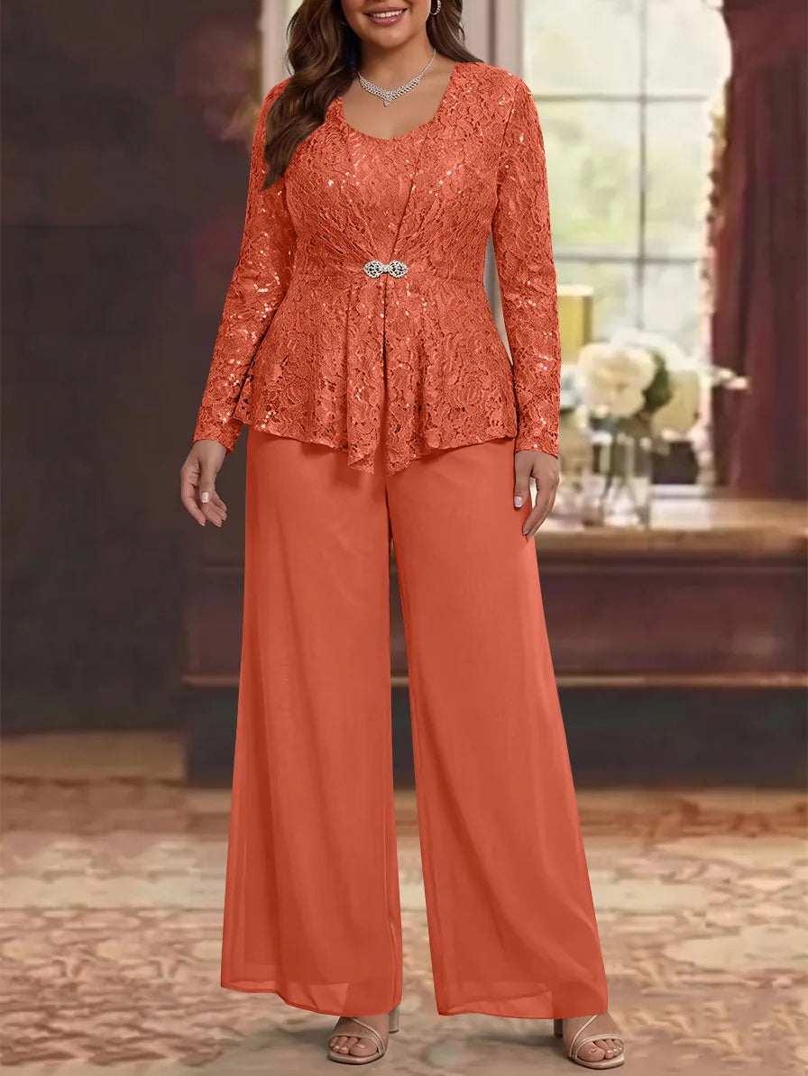 3 Pieces Scoop Lace Plus Size Mother of the Bride Pantsuits with Jacket Long Sleeves Ankle-Length