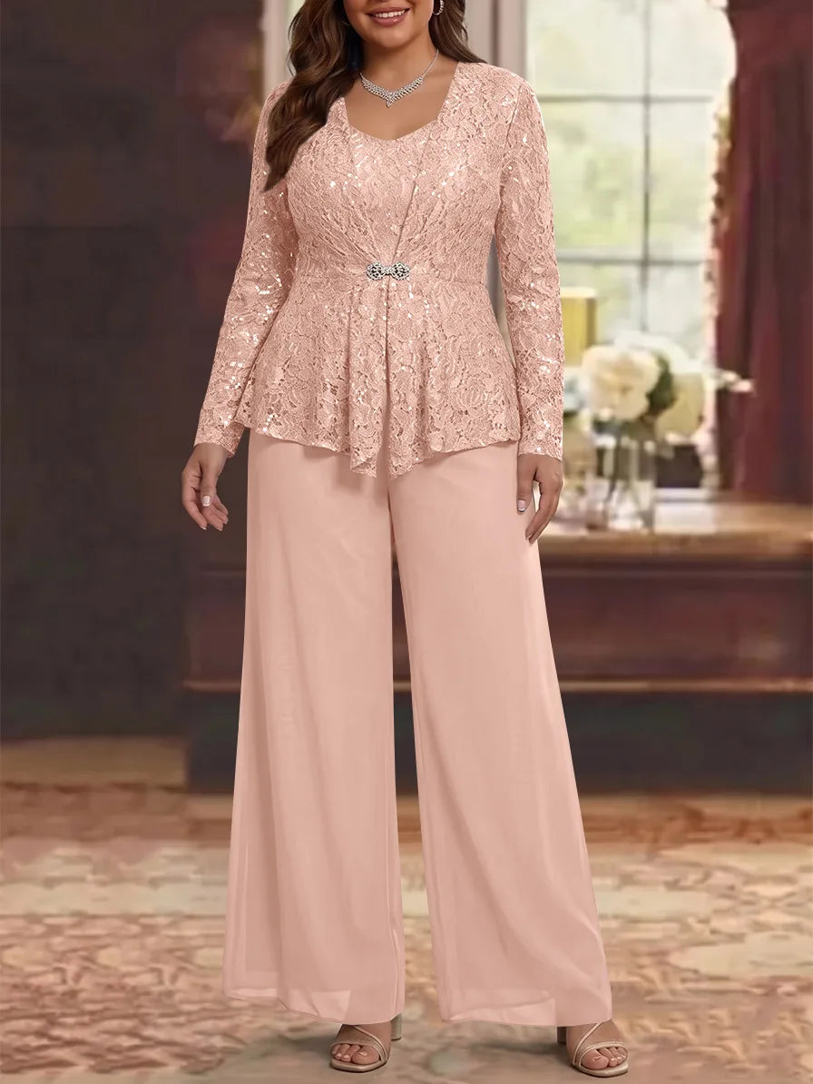 3 Pieces Scoop Lace Plus Size Mother of the Bride Pantsuits with Jacket Long Sleeves Ankle-Length