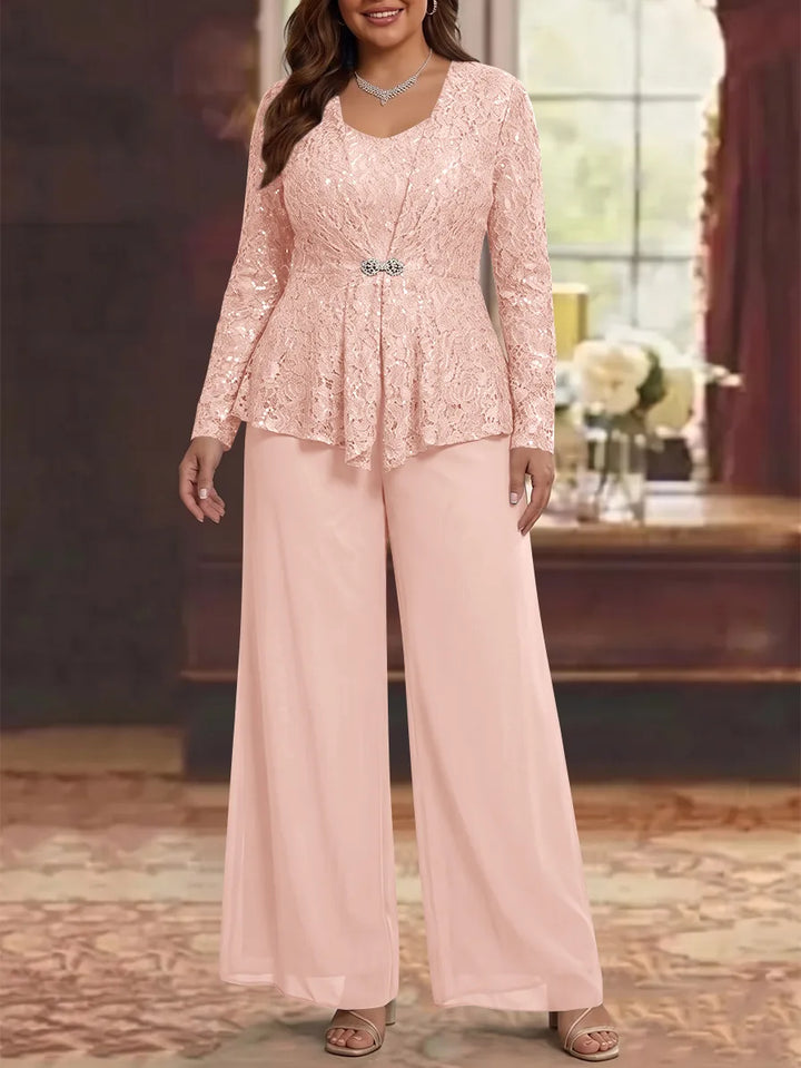 3 Pieces Scoop Lace Plus Size Mother of the Bride Pantsuits with Jacket Long Sleeves Ankle-Length