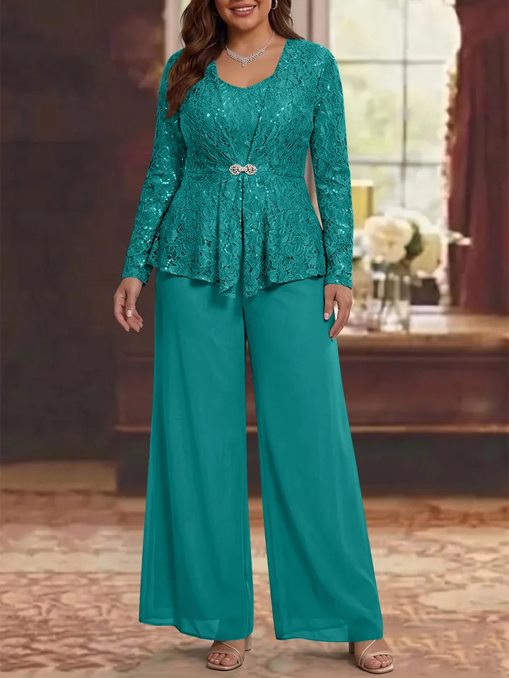 3 Pieces Scoop Lace Plus Size Mother of the Bride Pantsuits with Jacket Long Sleeves Ankle-Length
