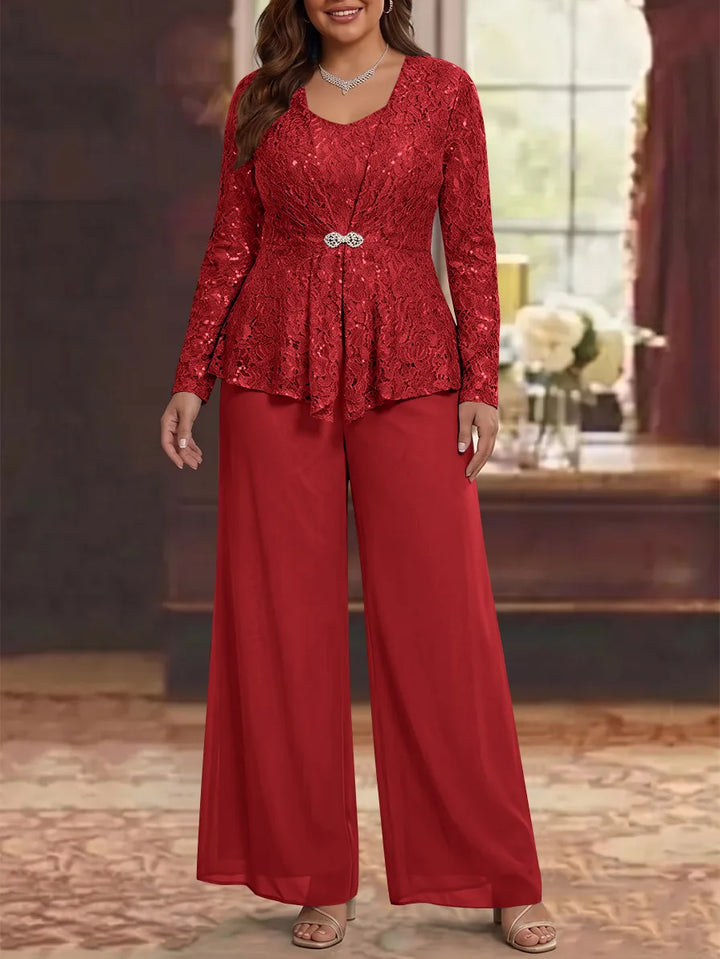3 Pieces Scoop Lace Plus Size Mother of the Bride Pantsuits with Jacket Long Sleeves Ankle-Length
