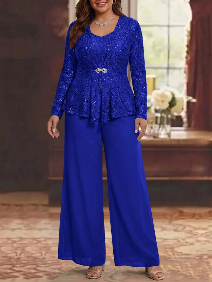 3 Pieces Scoop Lace Plus Size Mother of the Bride Pantsuits with Jacket Long Sleeves Ankle-Length