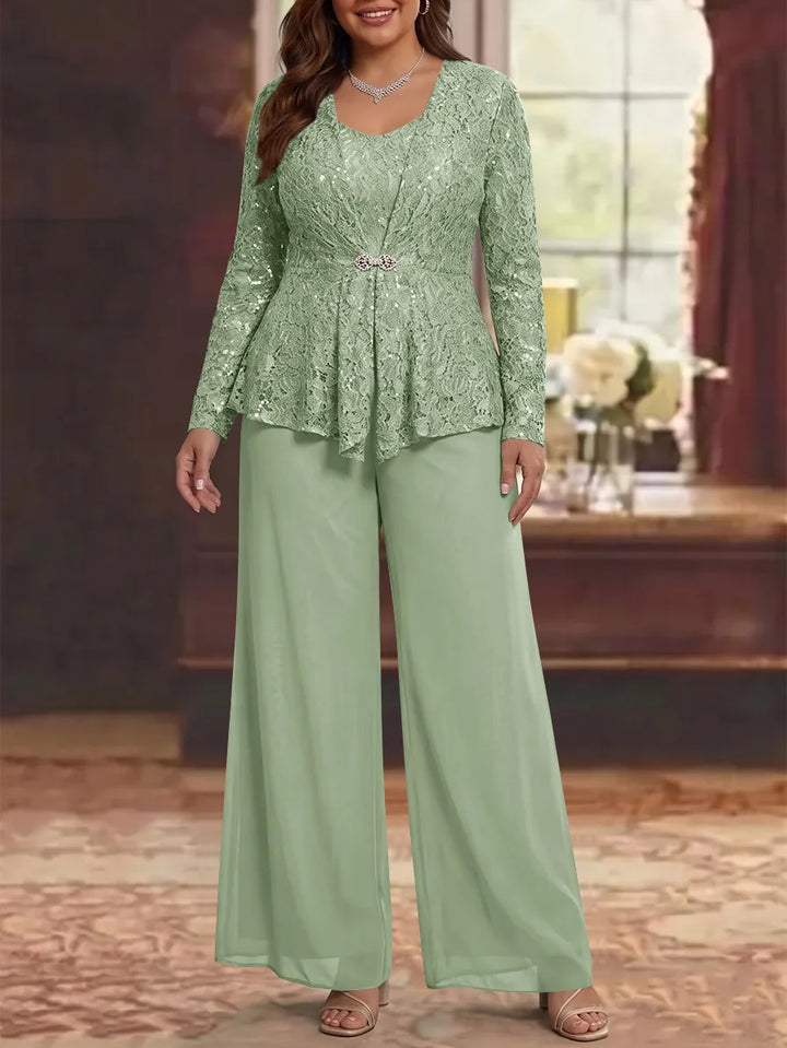 3 Pieces Scoop Lace Plus Size Mother of the Bride Pantsuits with Jacket Long Sleeves Ankle-Length