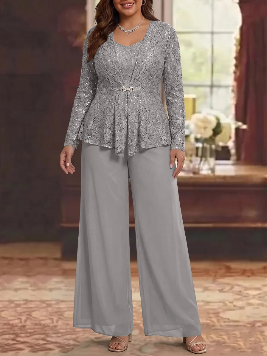 3 Pieces Scoop Lace Plus Size Mother of the Bride Pantsuits with Jacket Long Sleeves Ankle-Length