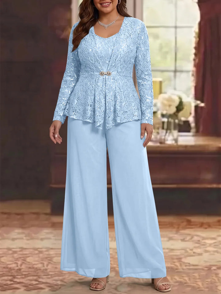 3 Pieces Scoop Lace Plus Size Mother of the Bride Pantsuits with Jacket Long Sleeves Ankle-Length