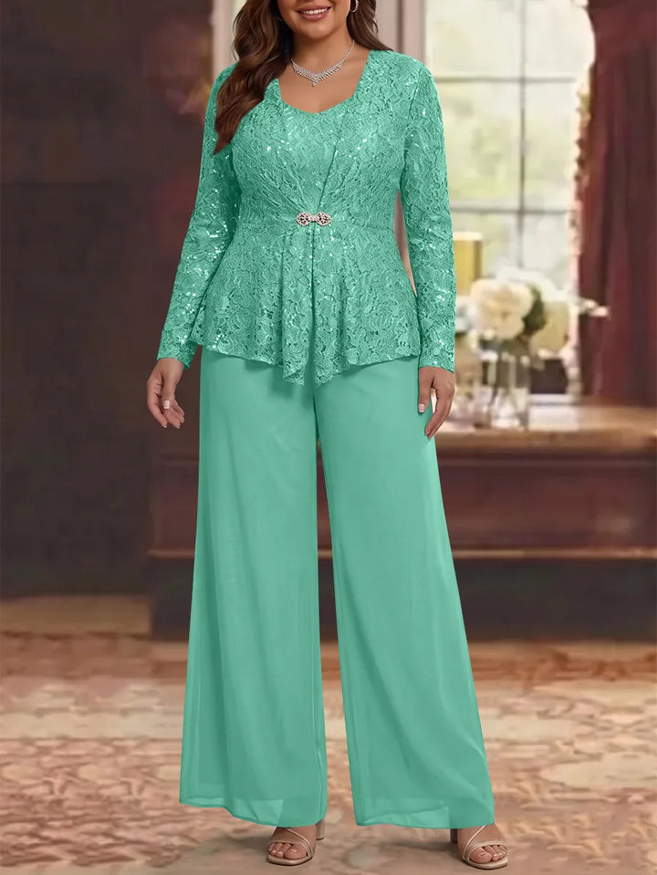 3 Pieces Scoop Lace Plus Size Mother of the Bride Pantsuits with Jacket Long Sleeves Ankle-Length