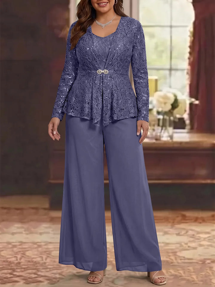 3 Pieces Scoop Lace Plus Size Mother of the Bride Pantsuits with Jacket Long Sleeves Ankle-Length