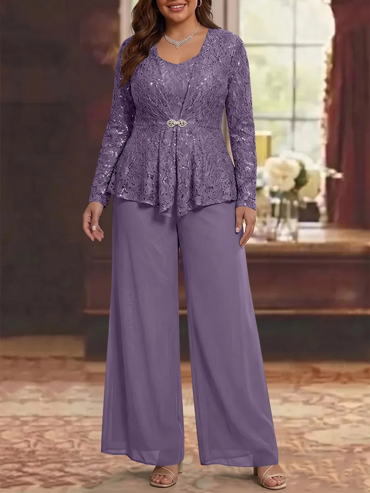 3 Pieces Scoop Lace Plus Size Mother of the Bride Pantsuits with Jacket Long Sleeves Ankle-Length