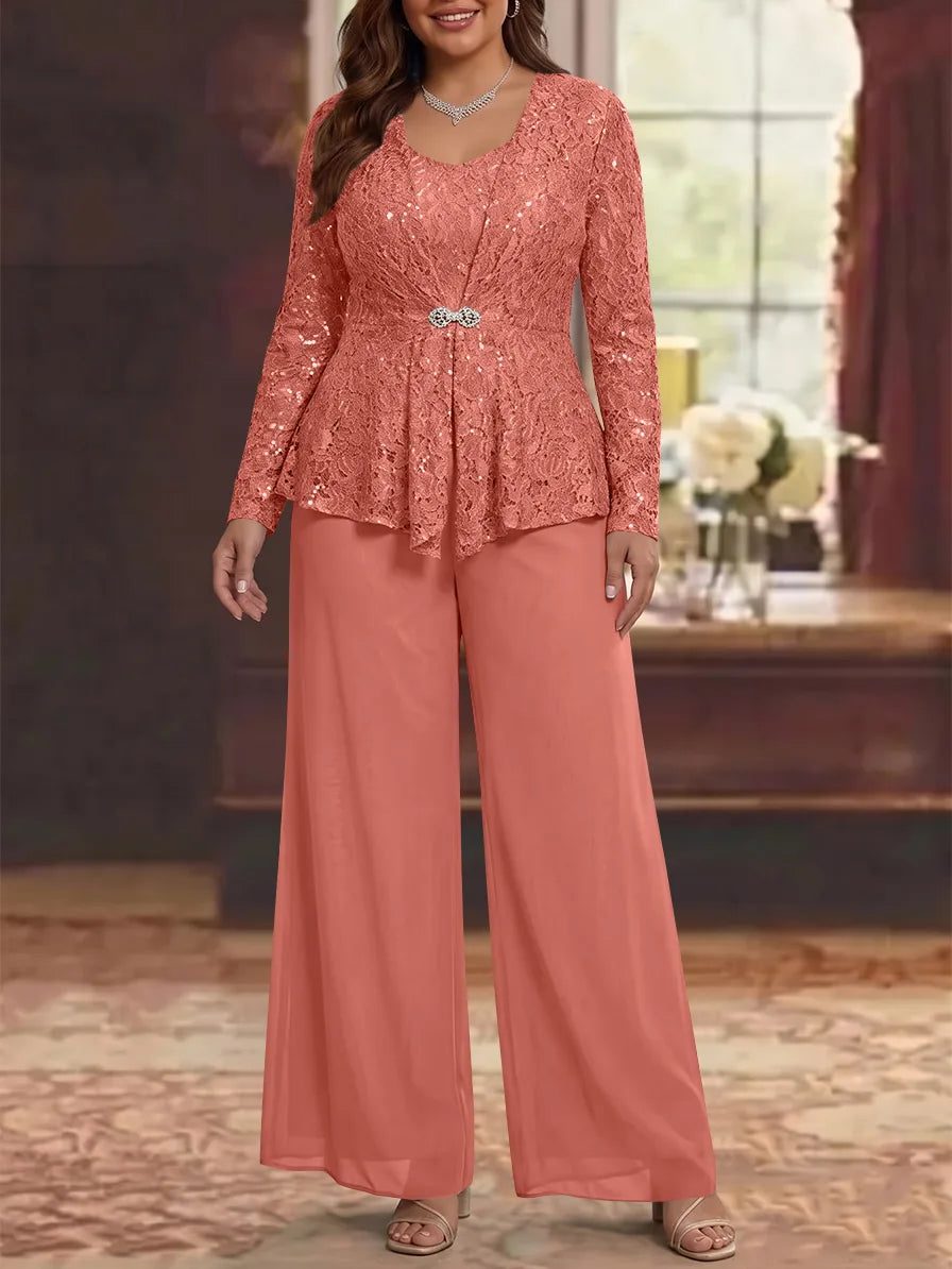 3 Pieces Scoop Lace Plus Size Mother of the Bride Pantsuits with Jacket Long Sleeves Ankle-Length