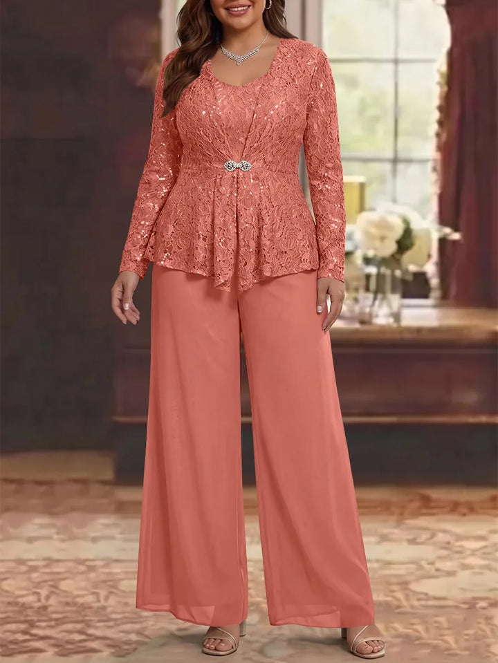 3 Pieces Scoop Lace Plus Size Mother of the Bride Pantsuits with Jacket Long Sleeves Ankle-Length