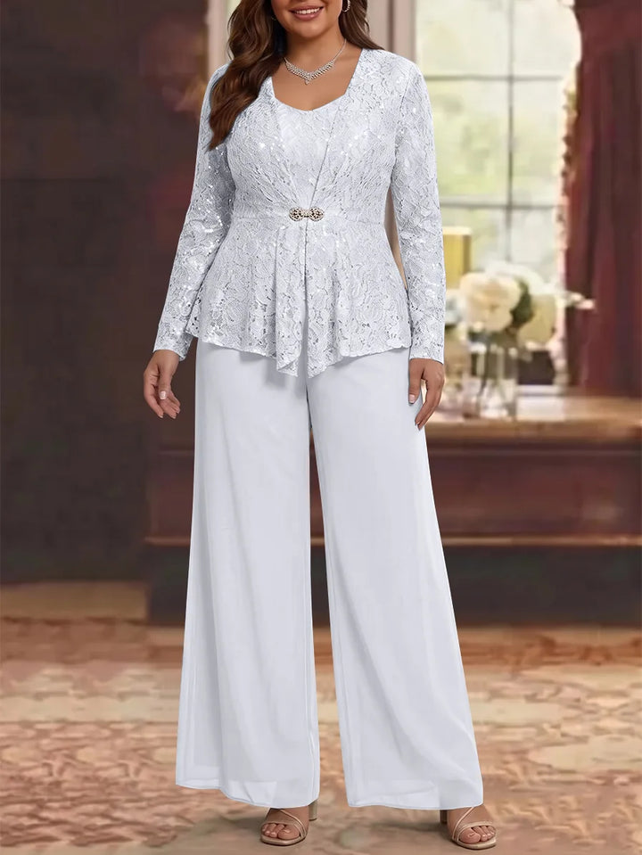 3 Pieces Scoop Lace Plus Size Mother of the Bride Pantsuits with Jacket Long Sleeves Ankle-Length
