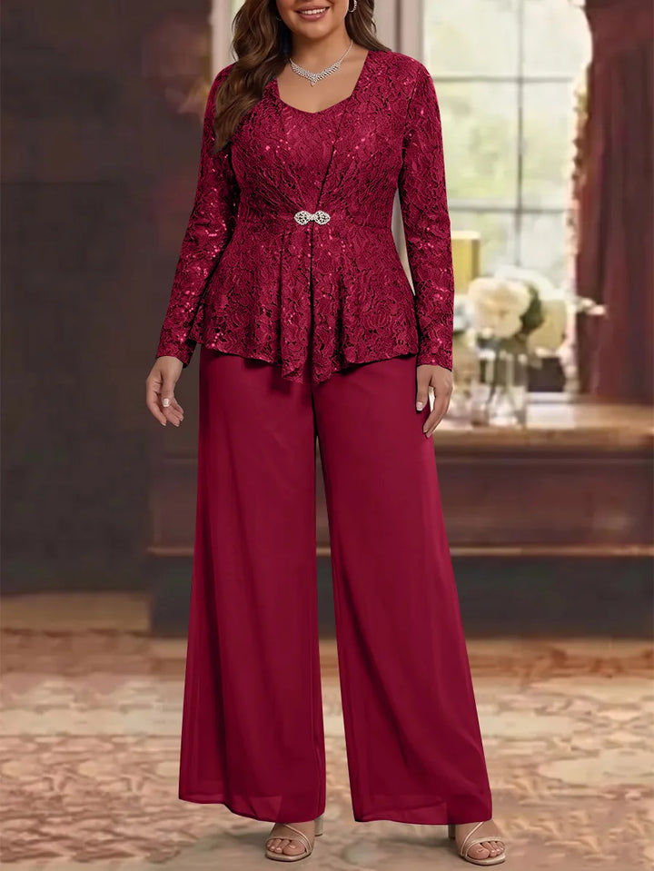 3 Pieces Scoop Lace Plus Size Mother of the Bride Pantsuits with Jacket Long Sleeves Ankle-Length