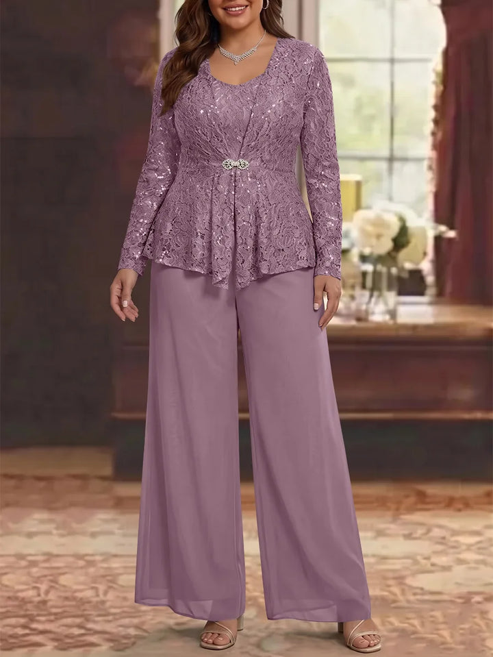 3 Pieces Scoop Lace Plus Size Mother of the Bride Pantsuits with Jacket Long Sleeves Ankle-Length