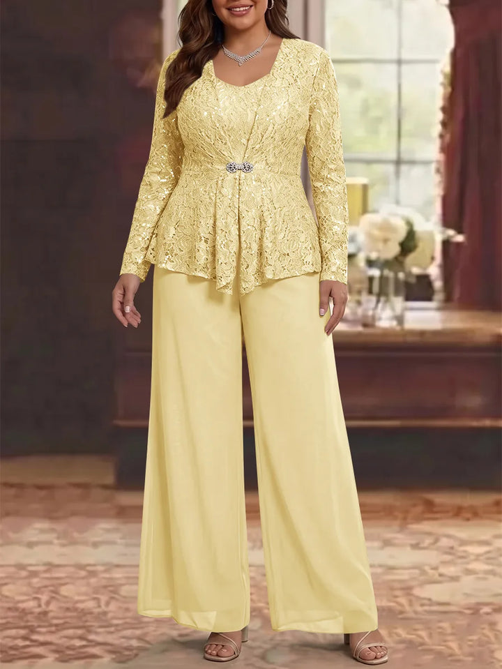 3 Pieces Scoop Lace Plus Size Mother of the Bride Pantsuits with Jacket Long Sleeves Ankle-Length