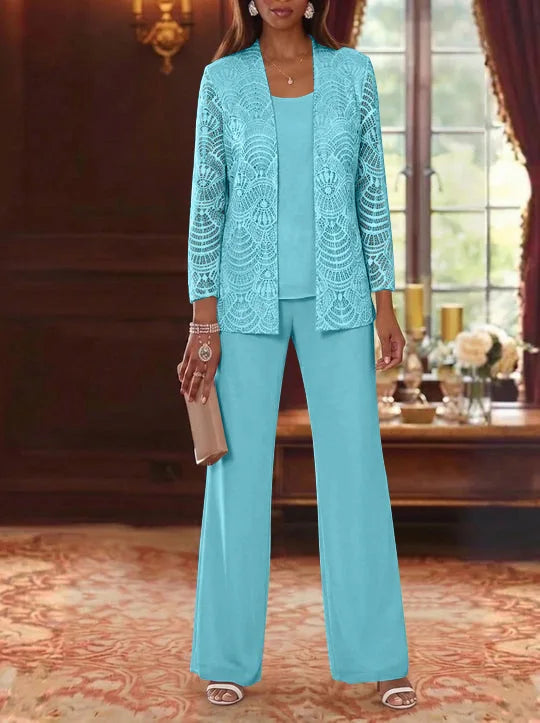 3 Pieces Scoop Chiffon Mother of the Bride Pantsuits with Jacket Lace Ankle-Length Long Sleeves