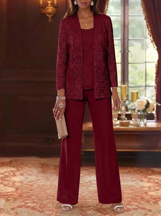 3 Pieces Scoop Chiffon Mother of the Bride Pantsuits with Jacket Lace Ankle-Length Long Sleeves