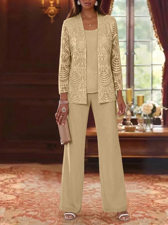 3 Pieces Scoop Chiffon Mother of the Bride Pantsuits with Jacket Lace Ankle-Length Long Sleeves