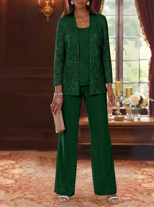 3 Pieces Scoop Chiffon Mother of the Bride Pantsuits with Jacket Lace Ankle-Length Long Sleeves