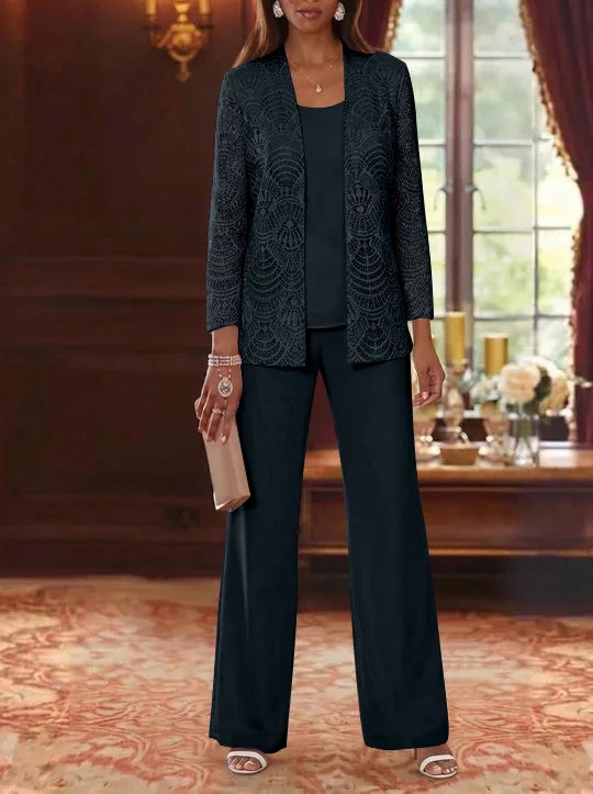 3 Pieces Scoop Chiffon Mother of the Bride Pantsuits with Jacket Lace Ankle-Length Long Sleeves