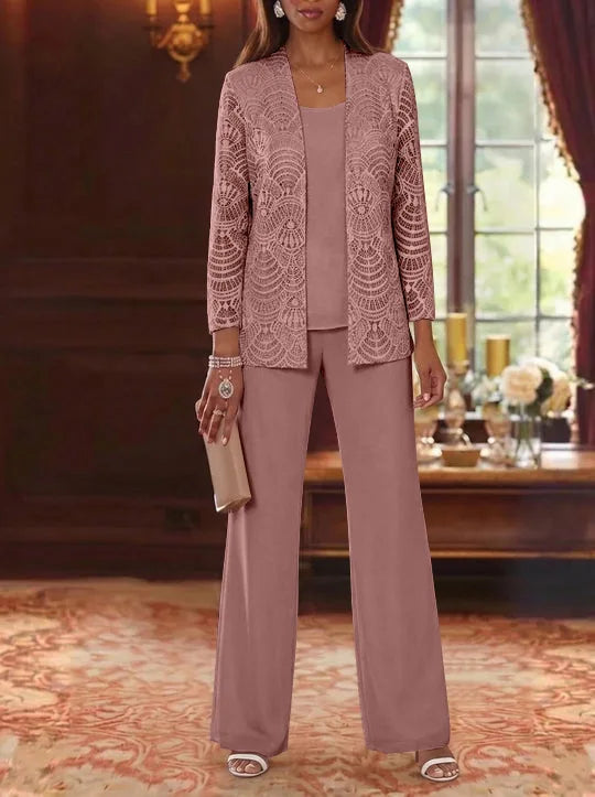 3 Pieces Scoop Chiffon Mother of the Bride Pantsuits with Jacket Lace Ankle-Length Long Sleeves