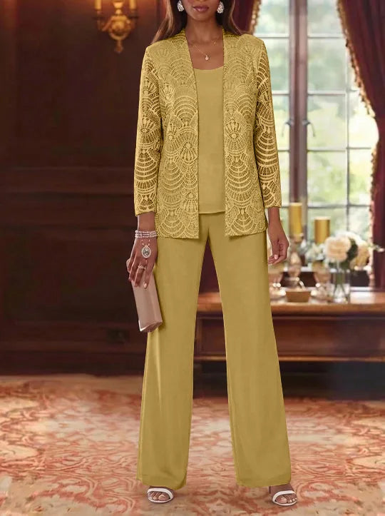 3 Pieces Scoop Chiffon Mother of the Bride Pantsuits with Jacket Lace Ankle-Length Long Sleeves