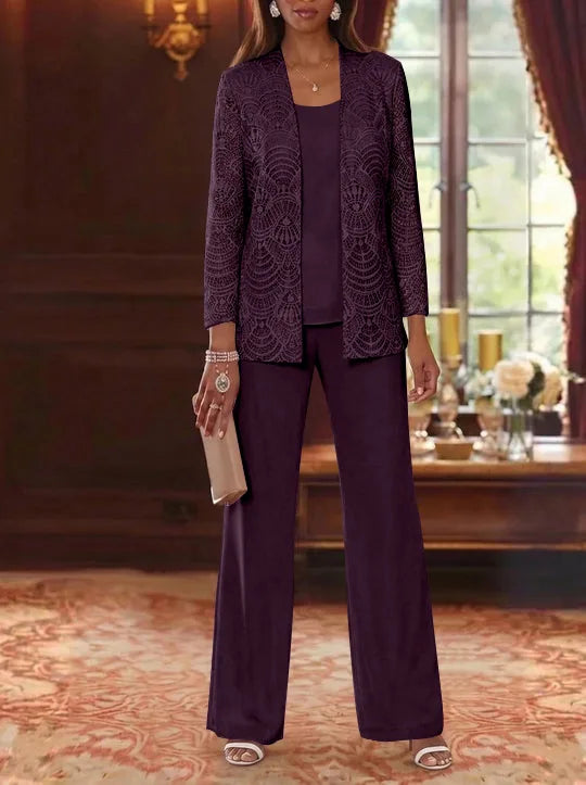 3 Pieces Scoop Chiffon Mother of the Bride Pantsuits with Jacket Lace Ankle-Length Long Sleeves