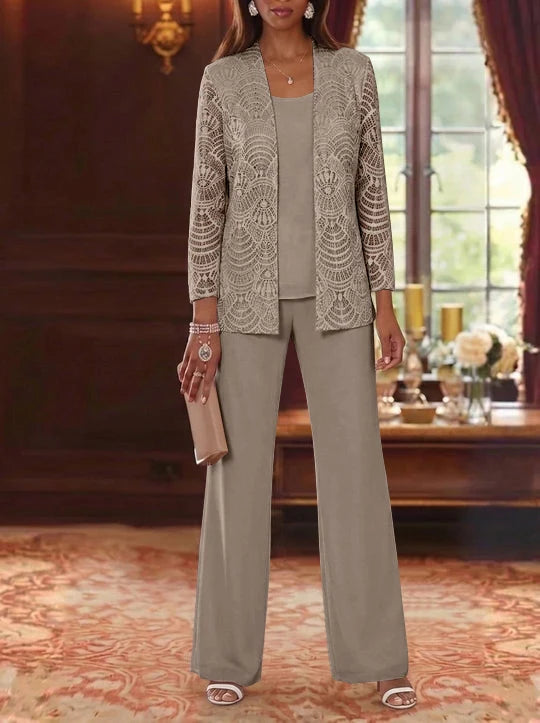 3 Pieces Scoop Chiffon Mother of the Bride Pantsuits with Jacket Lace Ankle-Length Long Sleeves