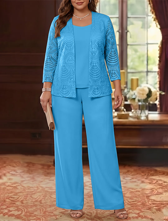 3 Pieces Scoop Chiffon Plus Size Mother of the Bride Pantsuits with Jacket Lace Ankle-Length Long Sleeves