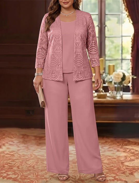 3 Pieces Scoop Chiffon Plus Size Mother of the Bride Pantsuits with Jacket Lace Ankle-Length Long Sleeves