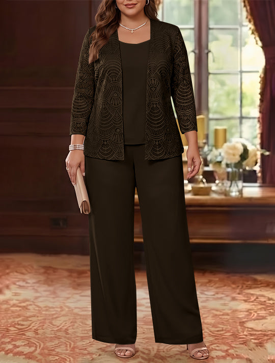 3 Pieces Scoop Chiffon Plus Size Mother of the Bride Pantsuits with Jacket Lace Ankle-Length Long Sleeves
