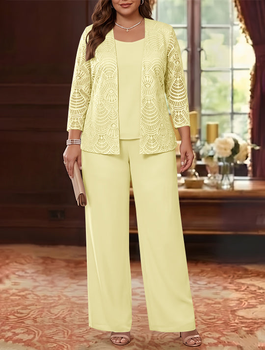 3 Pieces Scoop Chiffon Plus Size Mother of the Bride Pantsuits with Jacket Lace Ankle-Length Long Sleeves