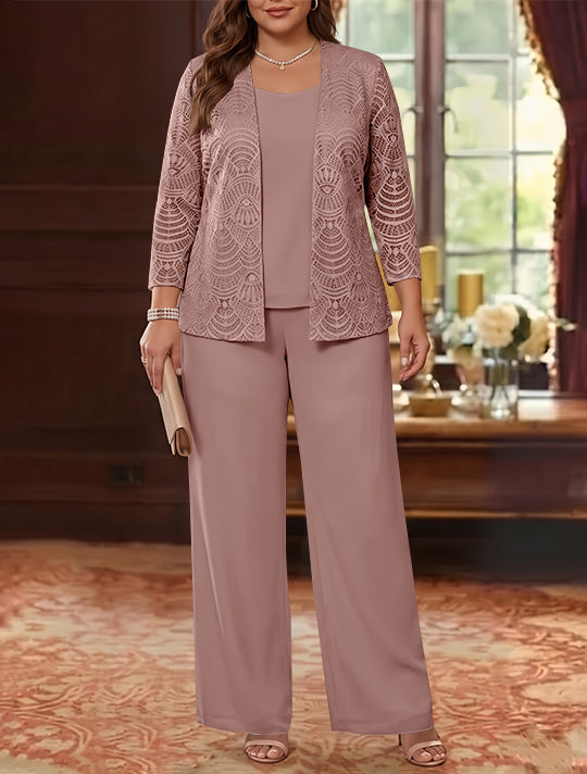 3 Pieces Scoop Chiffon Plus Size Mother of the Bride Pantsuits with Jacket Lace Ankle-Length Long Sleeves