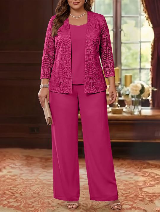 3 Pieces Scoop Chiffon Plus Size Mother of the Bride Pantsuits with Jacket Lace Ankle-Length Long Sleeves
