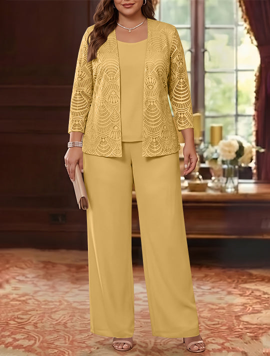3 Pieces Scoop Chiffon Plus Size Mother of the Bride Pantsuits with Jacket Lace Ankle-Length Long Sleeves