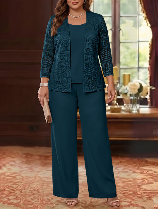 3 Pieces Scoop Chiffon Plus Size Mother of the Bride Pantsuits with Jacket Lace Ankle-Length Long Sleeves